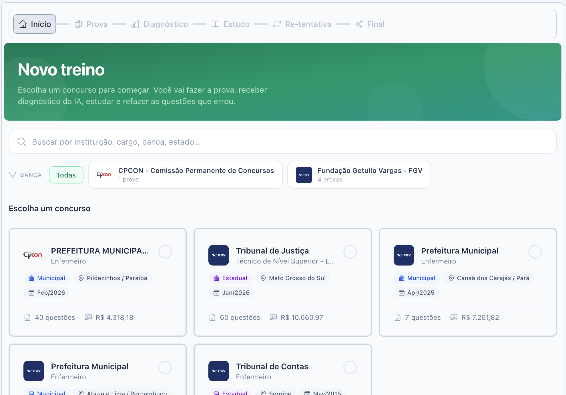 Tela da etapa 1: Escolha da prova